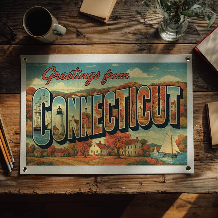Saluti dal Banner in Feltro Cartolina dello Stato del Connecticut per la vendita all'ingrosso da parte di Benoit's Design Co.