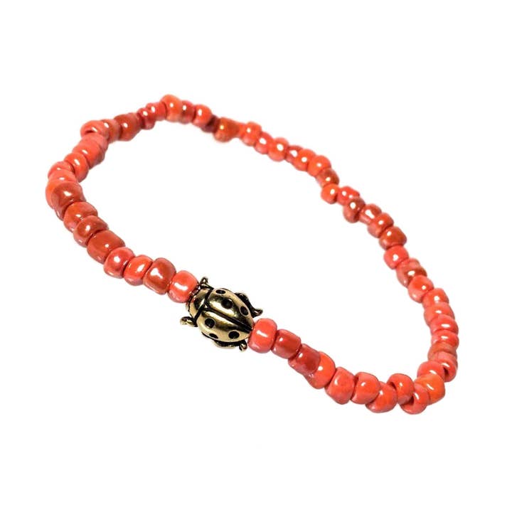 Ladybug Brass - On Coral Glass Bracelet for wholesale by Low Tide Island Design