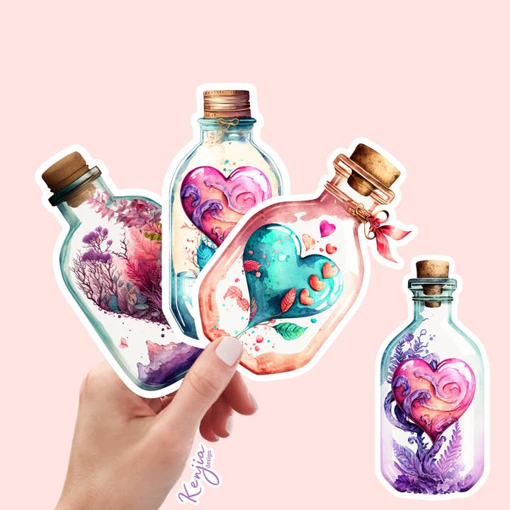 4 pcs Sticker Pack Valentine Day Heart Bottle , Waterproof for wholesale by Kenjia Design