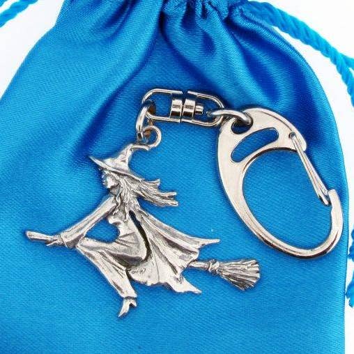 Witch on Broomstick Pewter Keyring for wholesale by Pageant Pewter