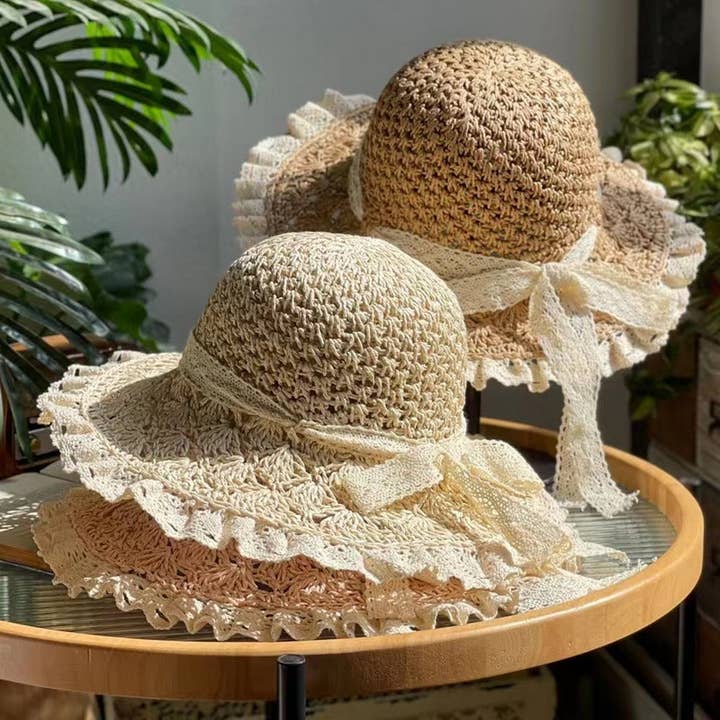 ACCITY - Wholesale Straw Hat - Women's - HAND-WOVEN BOW FOLDABLE LACE STRAW HAT_CWAH1174