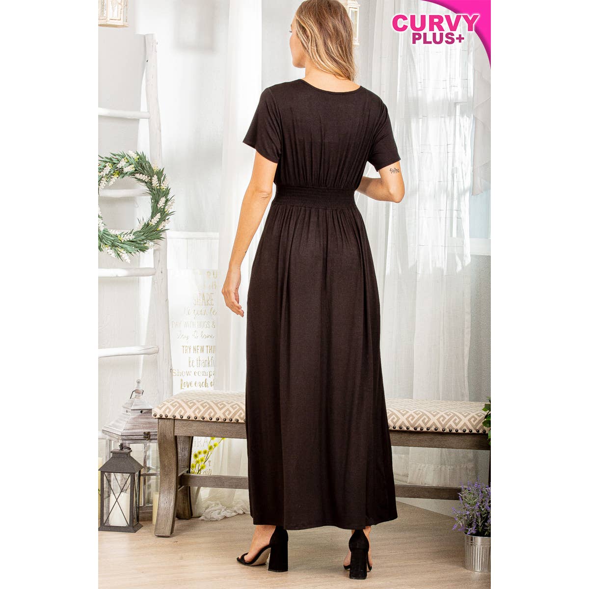 Pink Irene Wholesale - Wholesale Dress - Women's - PLUS SOLID MAXI DRESS WITH SURPLICE AND SMOCKED12