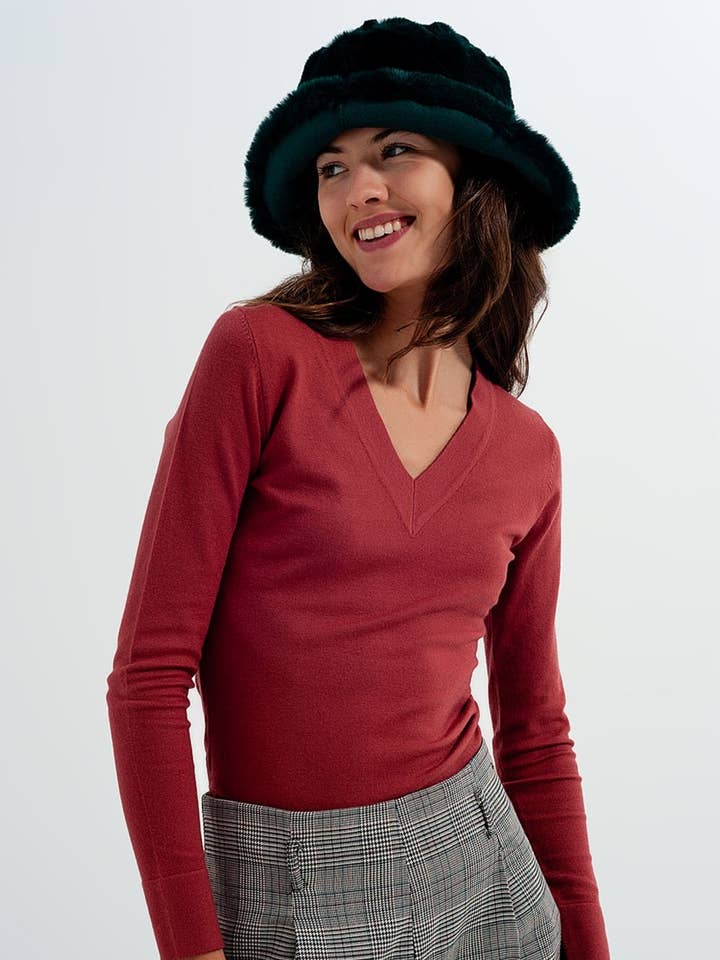 Trøje med v-hals i rustfarve for engroshandel hos Q2—All Orders:Free Duties for the US,UK,and Canada