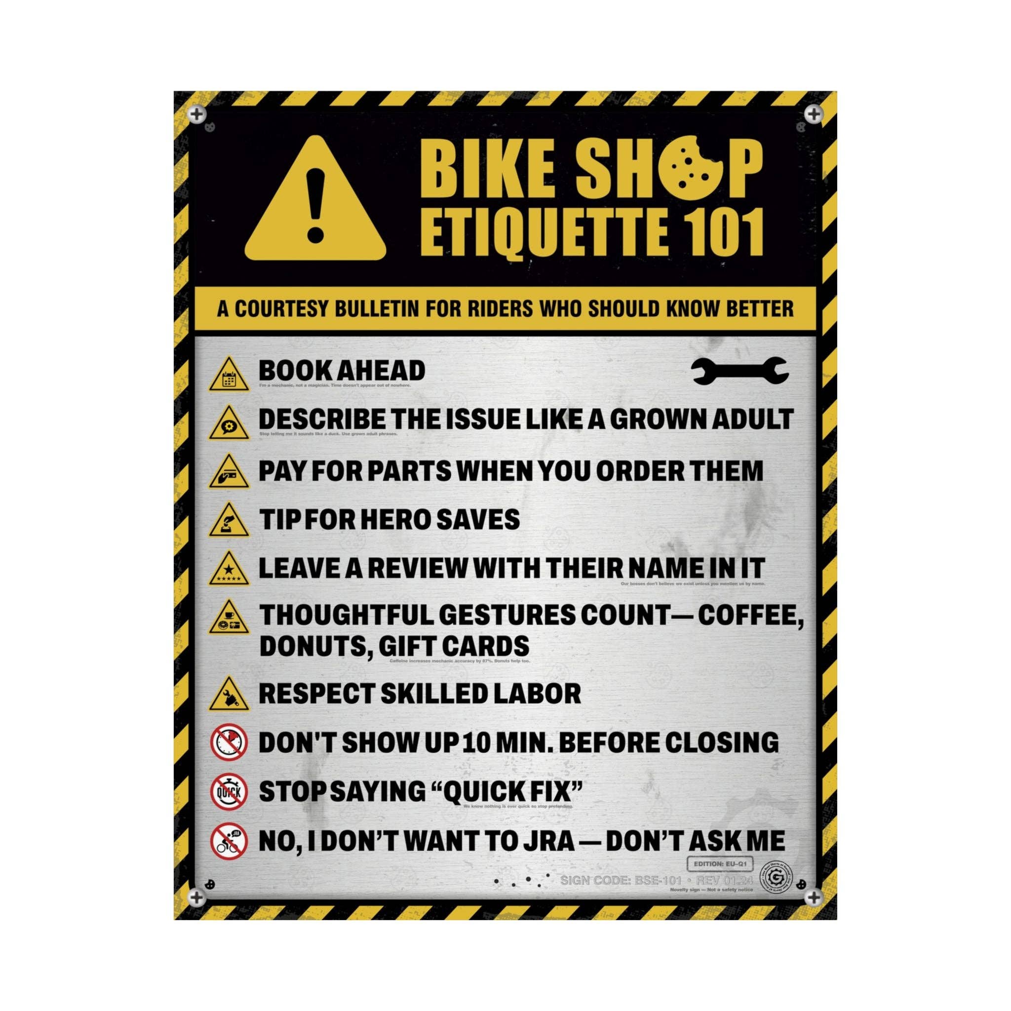 One Gear Short of Normal - Wholesale Poster - Bike Shop Etiquette 101 Poster | EU Safety Sign Edition (Q1) | Cycling Shop Wall Art | Funny Bike Shop Decor | 16x201