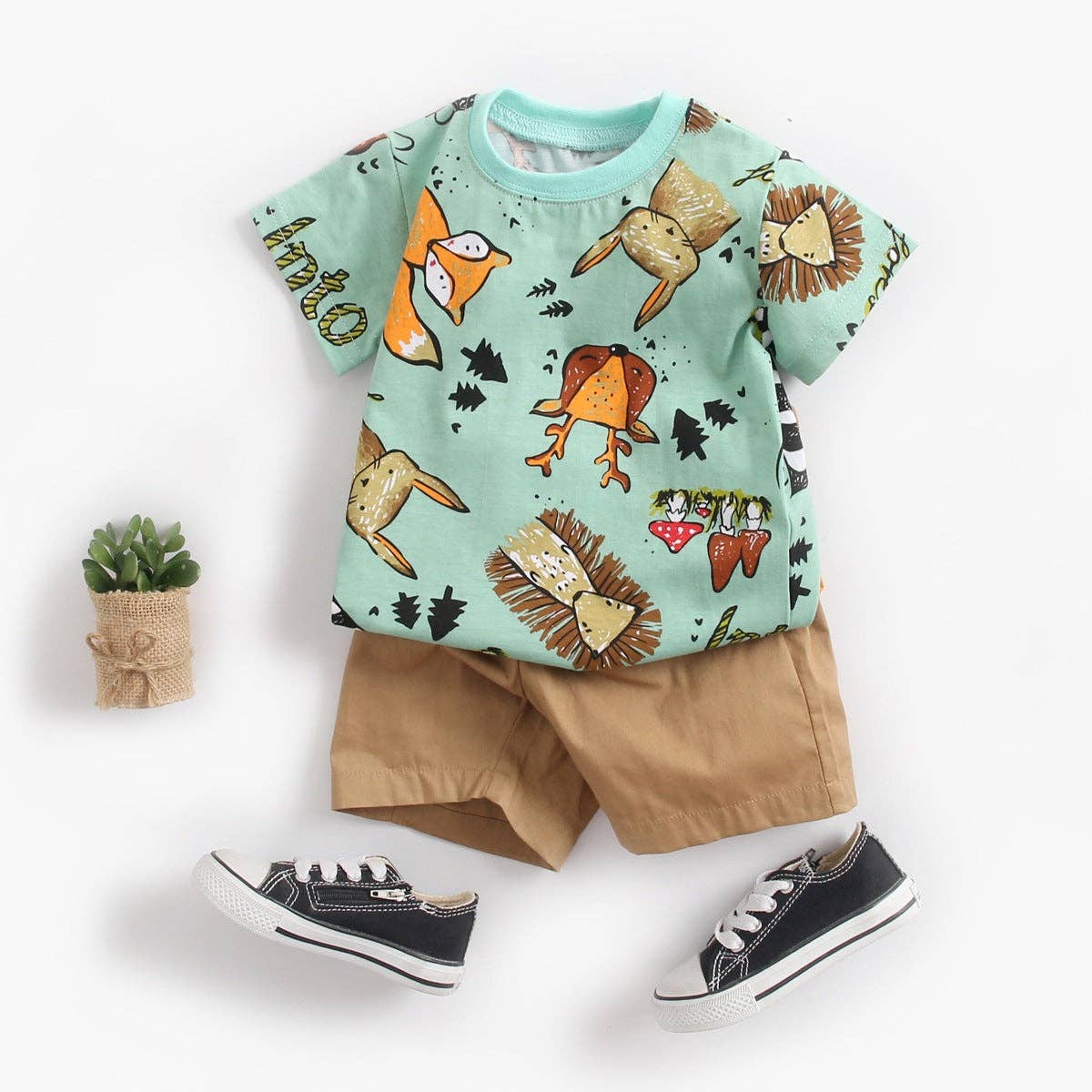 Green Baby Boy Animal Print Short-Sleeved Top Combo Solid Color Shorts Sets In Summer for wholesale on Faire11