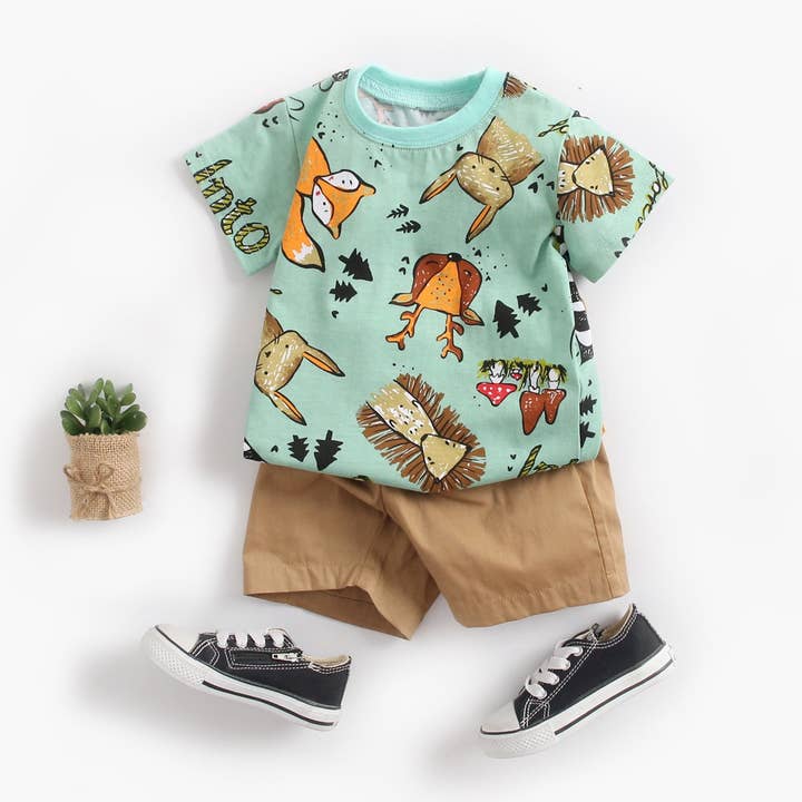 Green Baby Boy Animal Print Short-Sleeved Top Combo Solid Color Shorts Sets In Summer for wholesale on Faire11