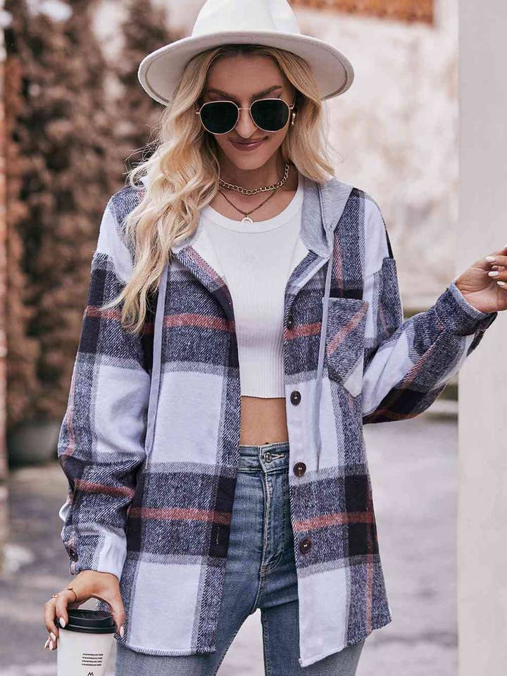 Karierte Kapuzenjacke mit tiefem Schulterausschnitt für den Großhandel von Fashion Quality Boutik