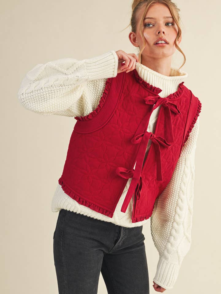 &MERCI - Wholesale Outerwear Vest - Women's - FLORAL QUILTED LACE TRIM BOW TYING VEST MJK411320