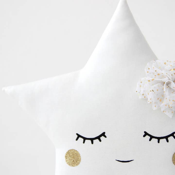 Sleepy White Star Cushion With White Tulle Flower And Gold Cheeks for wholesale by ProstoConcept