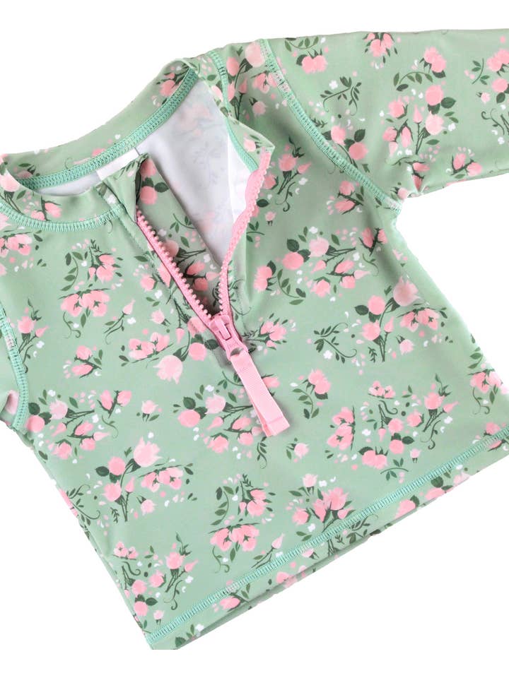 Green Girls Tea Roses Long Sleeve Zipper Rash Guard 2-Piece Swimsuit with Signature Rear Ruffles
for wholesale on Faire4