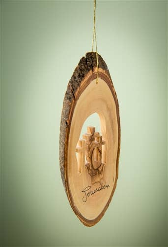 Earthwood - Wholesale Ornament - Bark Slice with Three Crosses - 4 to 6"2