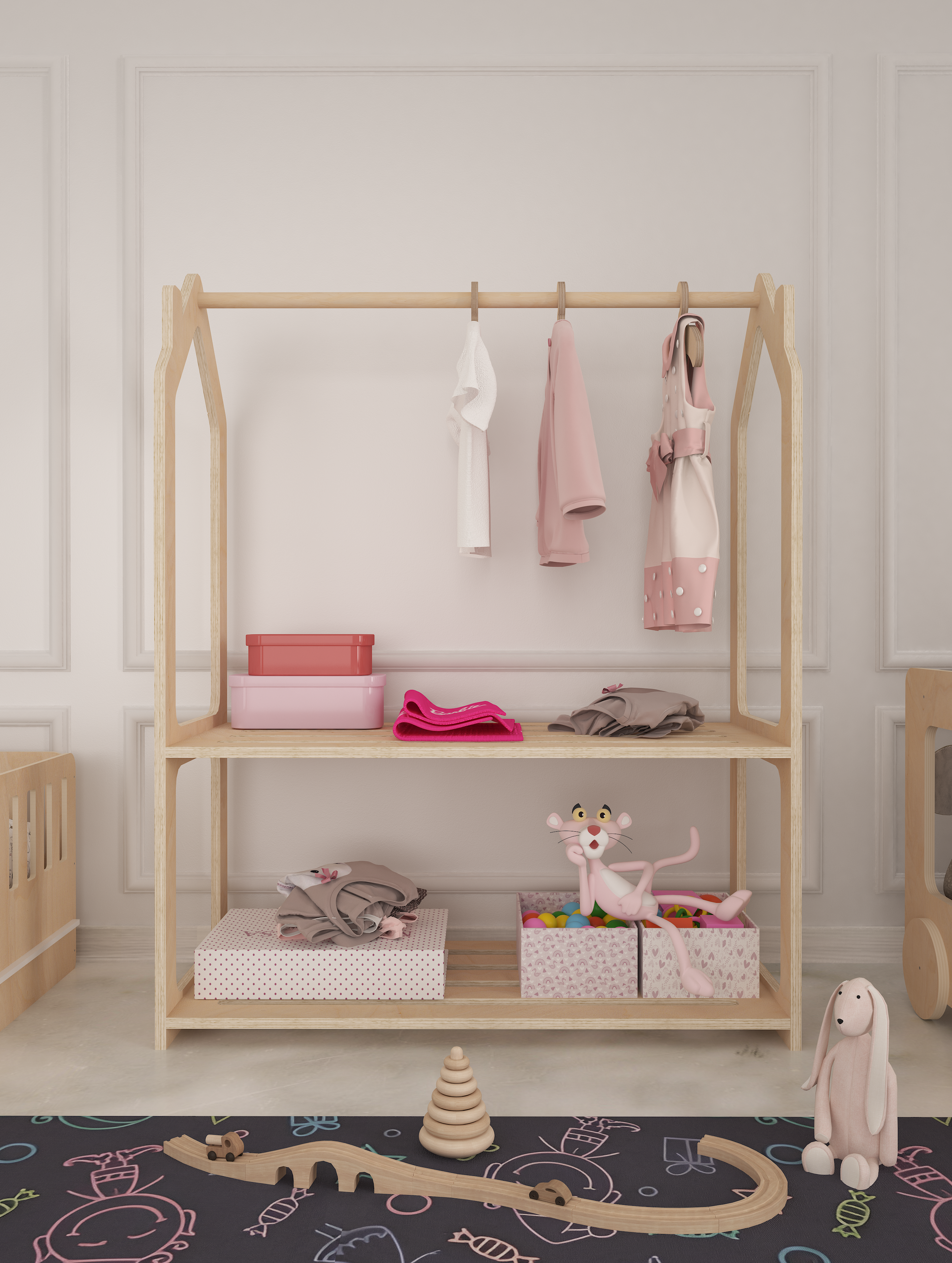 Rotermond Furniture LLC - Wholesale Clothes Hangers - Roof Montessori Kids Wardrobe - Natural Wood Clothing Rack Organizer 3-Piece Set for Child's Room, Playroom, Nursery – Durable Baby Clothes Storage Furniture1