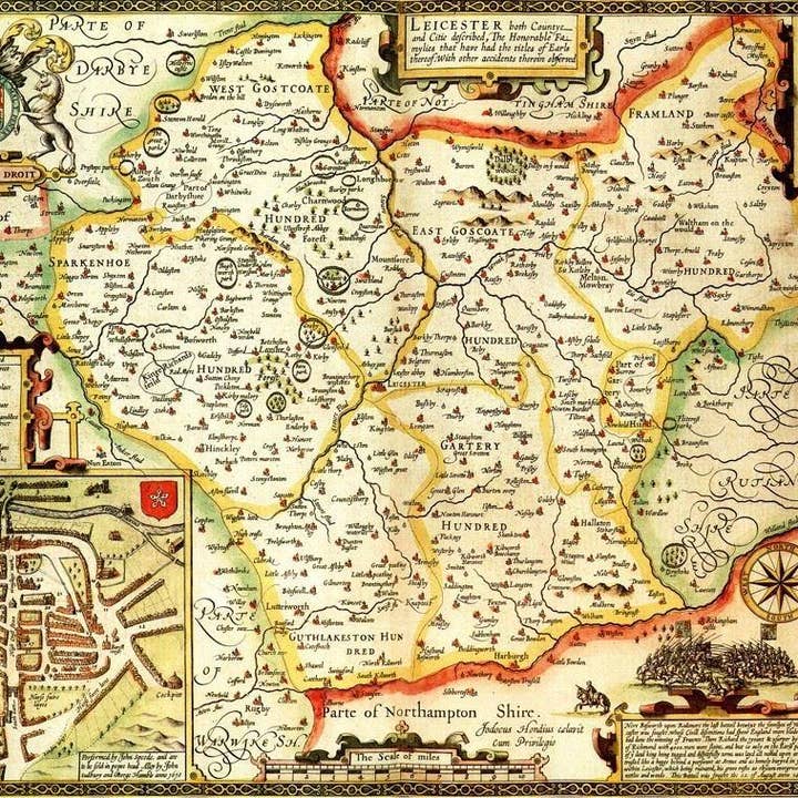 Mapa Histórico de Leicestershire (1610) para venta al por mayor de Map Marketing Limited