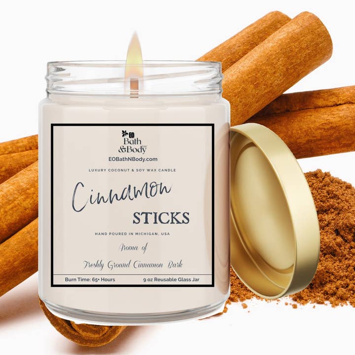Cinnamon Sticks Luxury Coconut + Soy Wax Candle | 9 oz Jar for wholesale by Earth’s Own Bath & Body LLC