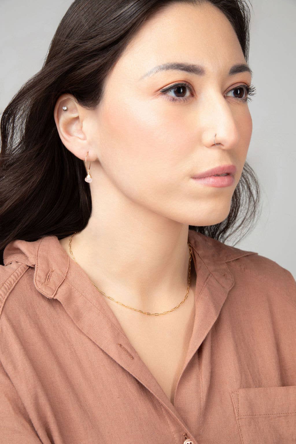 Forai - Wholesale Dangle Earrings - Rose Quartz Charm Mini Hoop Earrings in 14k Gold Filled1