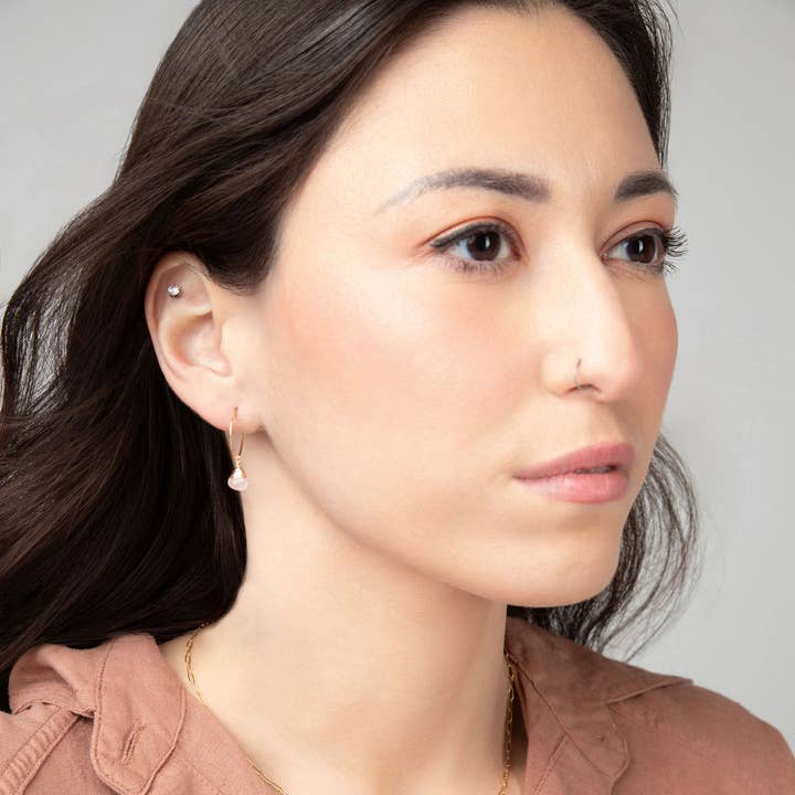 Forai - Wholesale Dangle Earrings - Rose Quartz Charm Mini Hoop Earrings in 14k Gold Filled1