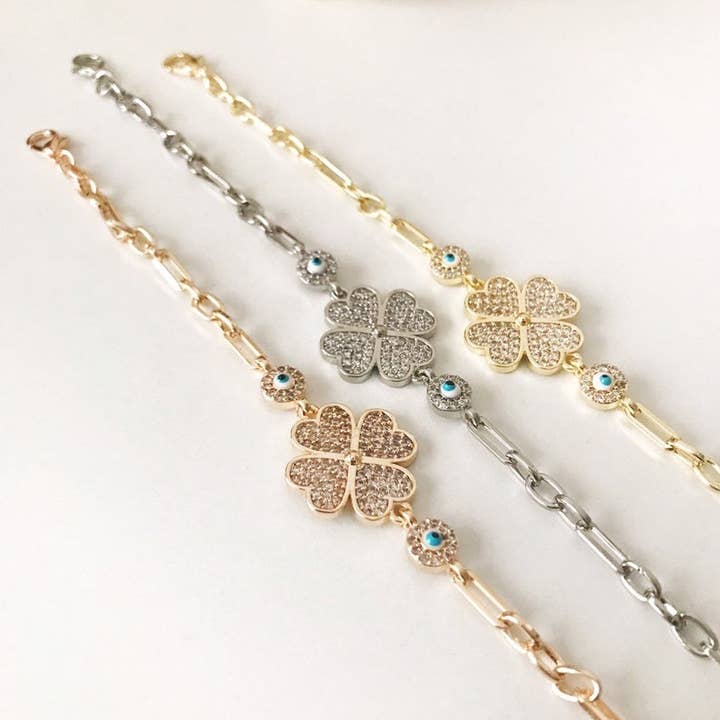 Evileyefavor - Vente Bracelets à breloques/pendentifs - Bracelet en trèfle mauvais œil, bijoux mauvais œil, bracelet trèfle à quatre feuilles en argent or rose2