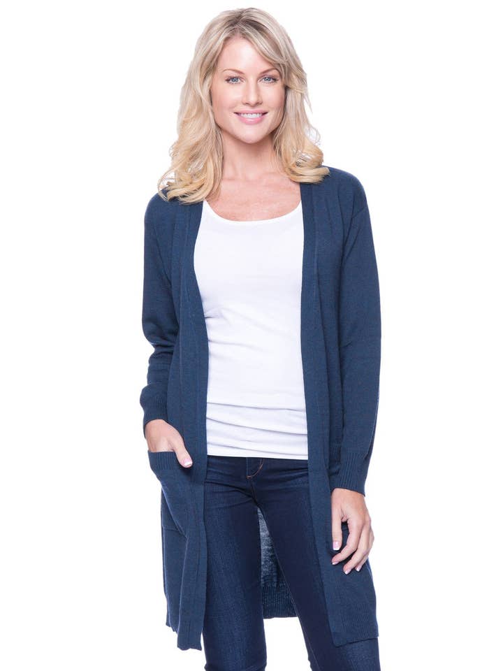 Cardigan longo aberto com mistura de lã - azul-petróleo por atacado de Tocco Reale