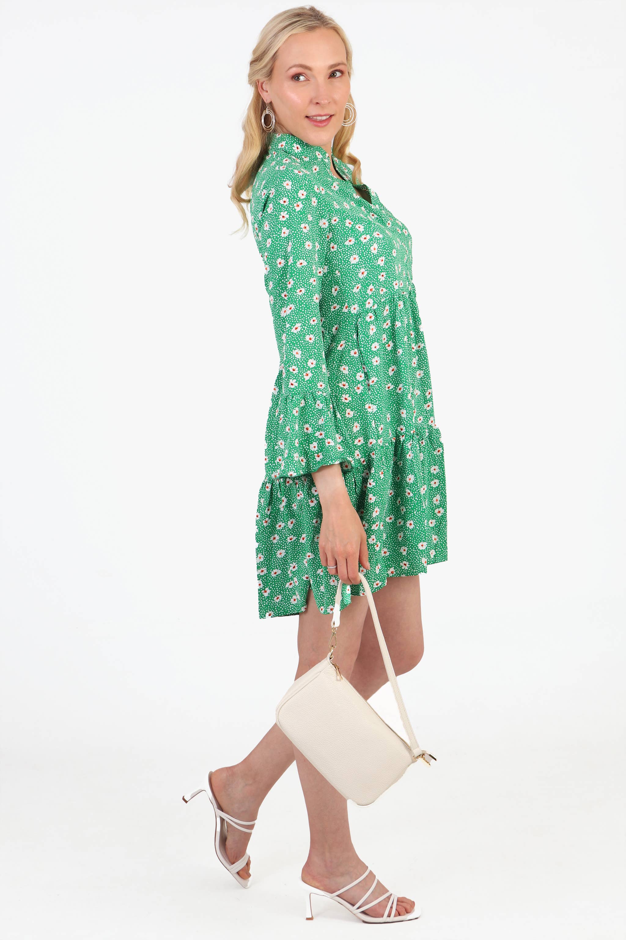 Sarta - Wholesale Dress - Women's - Daisy and Spot Print Mini Tiered Dress in Green1