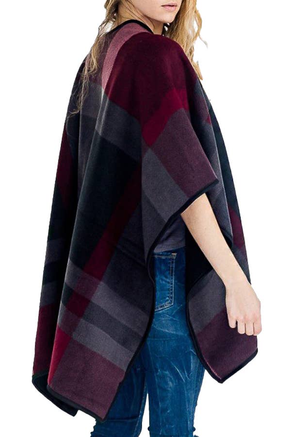 Cap Zone - Wholesale Poncho - Women's - Plaid Faux Cashmere Slit-Sided Open Silhouette Cape Poncho2