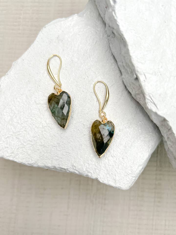 Labradorite Heart Gold Plated Earrings for wholesale by Roc Jewellery