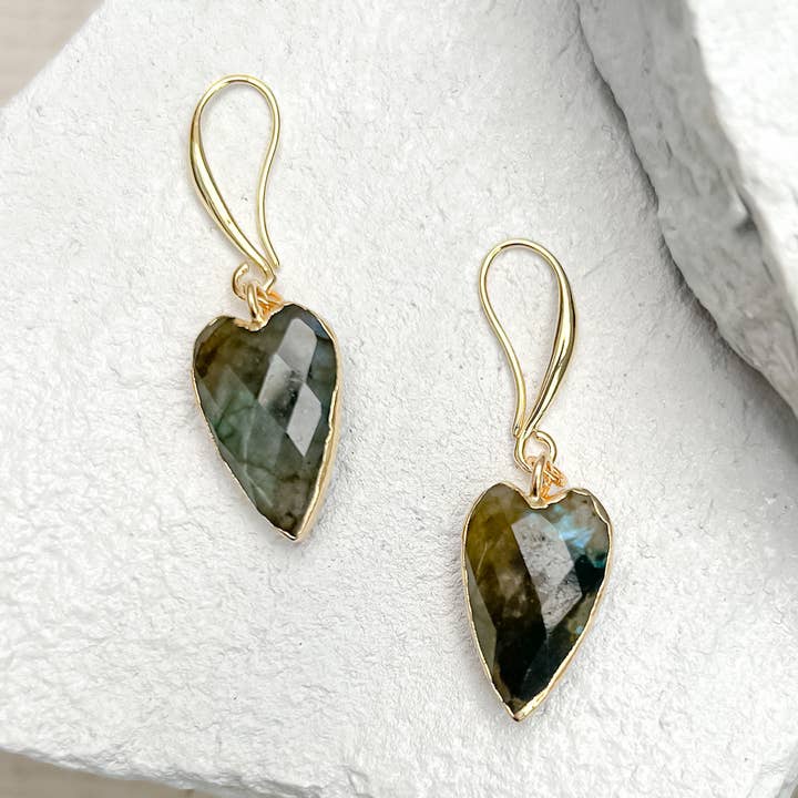 Roc Jewellery - Wholesale Dangle Earrings - Labradorite Heart Gold Plated Gemstone Crystal Earrings0