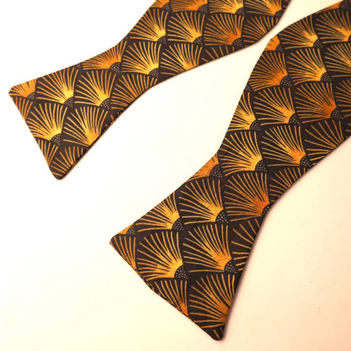Dapper & Suave - Wholesale Bow Tie - Men's - Art Deco Black Gold Print Cotton Self Tie Bow Tie