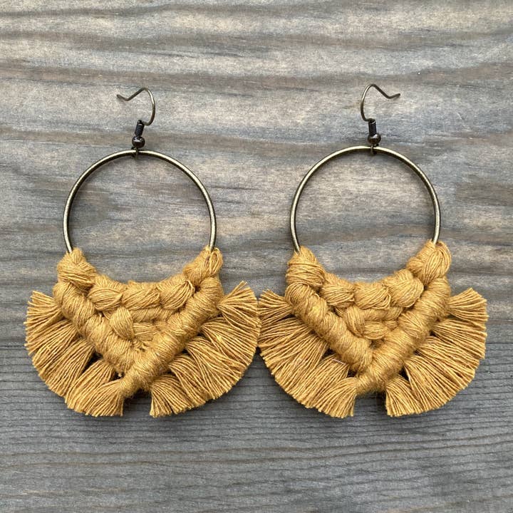 Large Fringe Earrings - Mustard & Bronze for wholesale by HK Macrame Jewelry