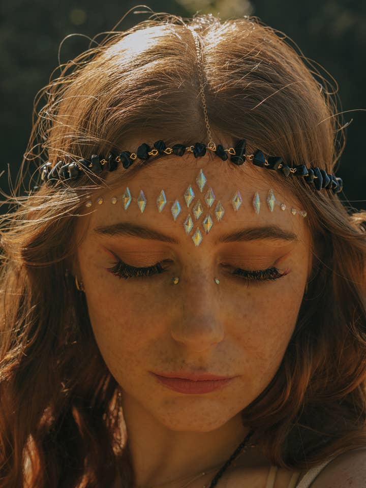 Black Obsidian Crystal Head Chain Festival Headwear for wholesale by Xander Kostroma