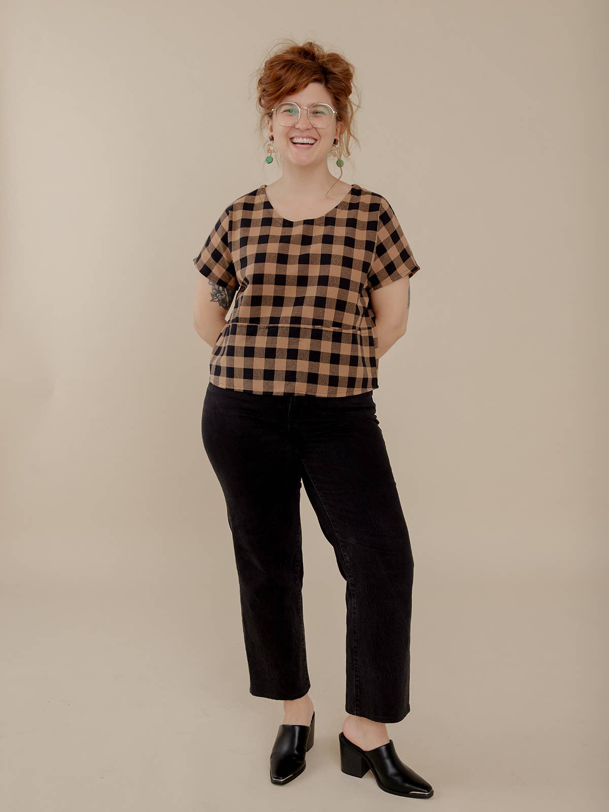 Odelia Top Black and Tan Gingham for wholesale on Faire1