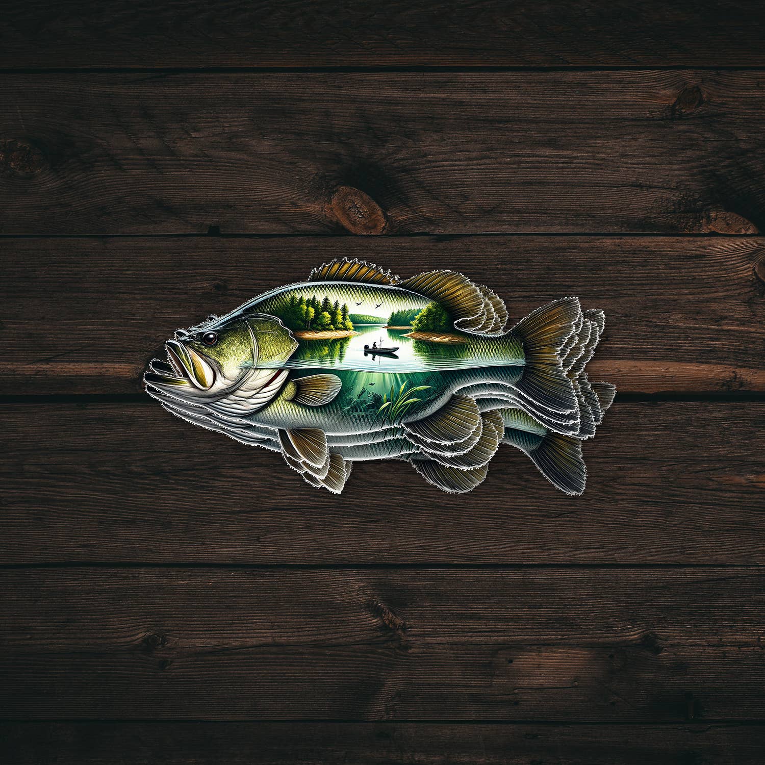 PiggyPrintStickers - Wholesale Sticker - Bass Sticker | Lake Fishing Scene | Waterproof Vinyl