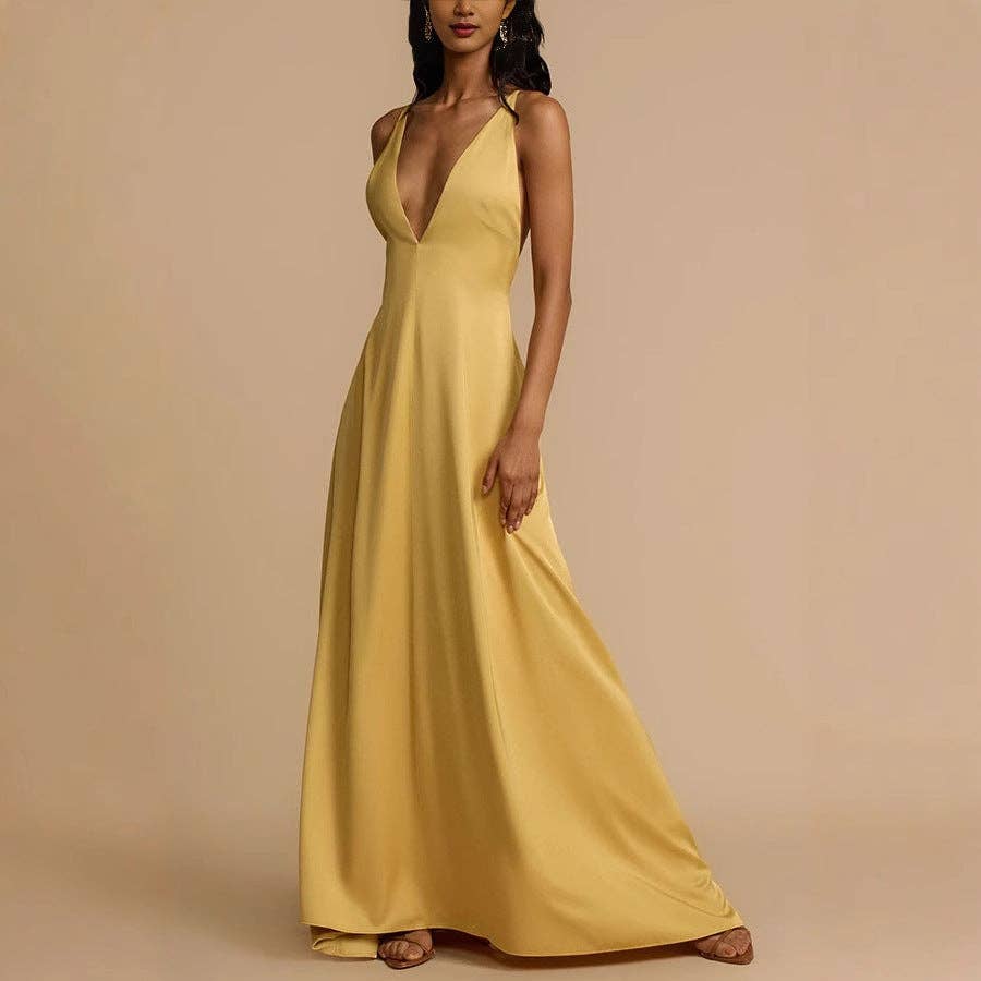 Gold 2025 NEW Summer Sexy Satin Backless VNeck Maxi Dress for wholesale on Faire7