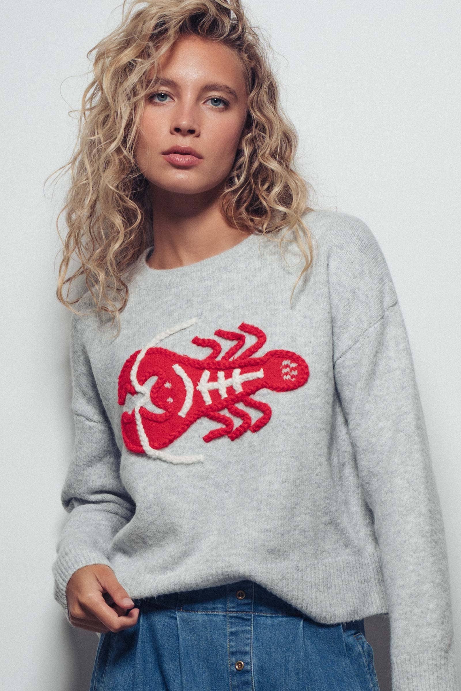 Urban Daizy - Vente Pull en maille – femme - Pull à déclaration nautique avec homard rouge brodé21