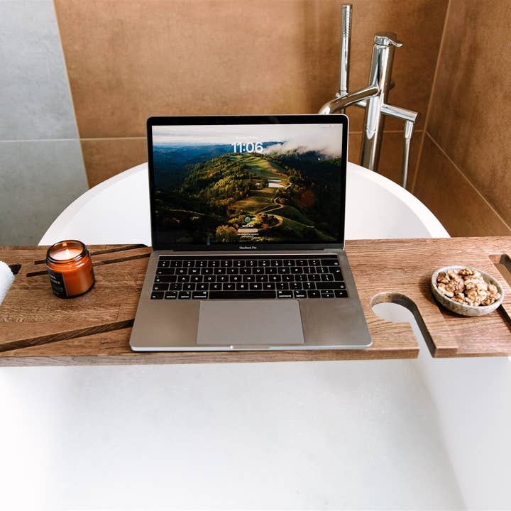 Nordic Oak Wooden Bathtub Tray with Wine Holder, phone slots for wholesale by Halostands