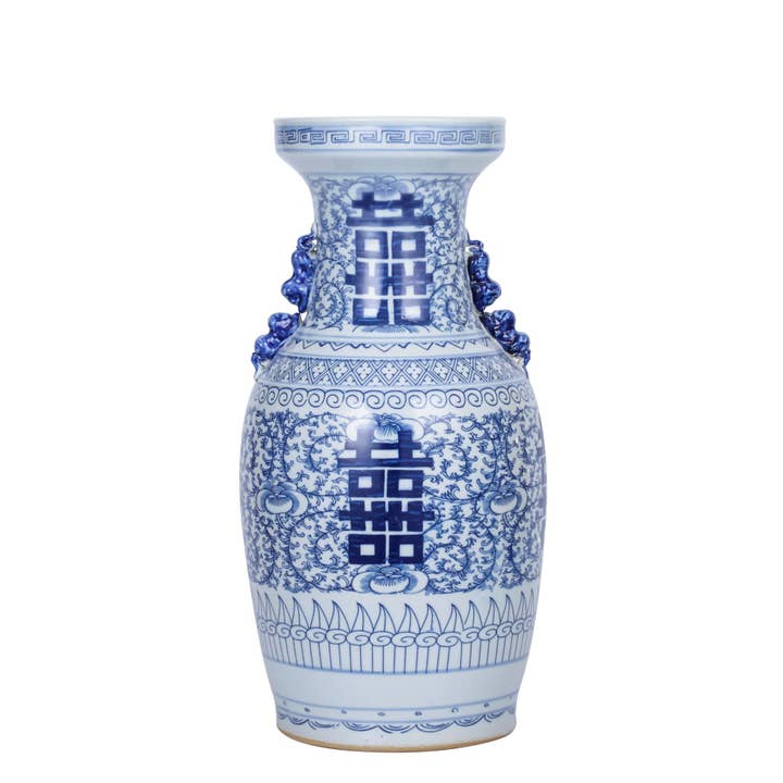 Legend Accents - Wholesale Vase - Blue And White Double Happiness Flower Vase With Ears