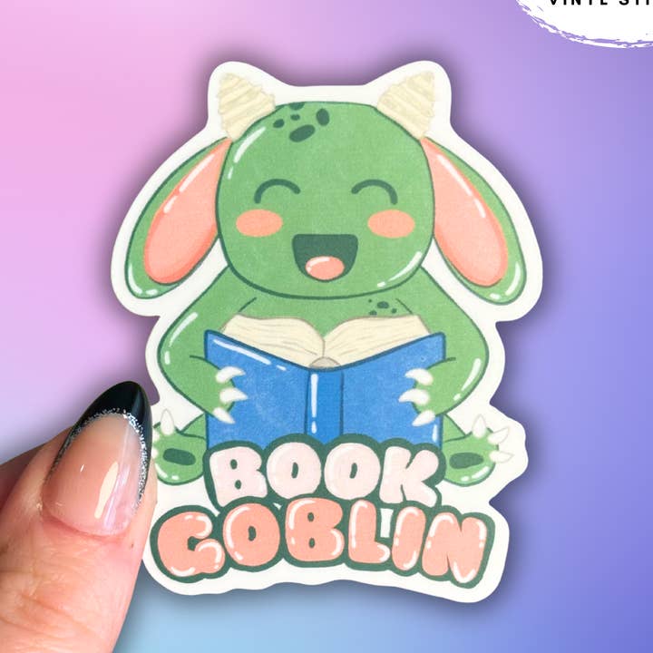 Bookish book goblin matte sticker for wholesale by Crafty Baker Designs