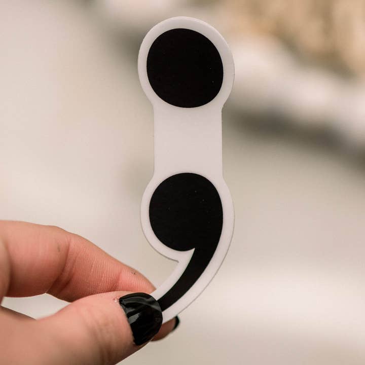Semicolon Vinyl Sticker, 3x1 in for wholesale by Savannah and James Co