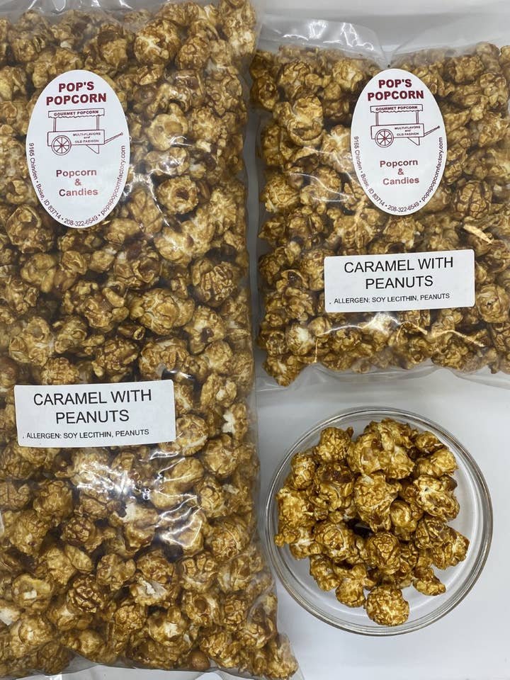 Caramel corn w/ peanuts for wholesale by Pop's Popcorn