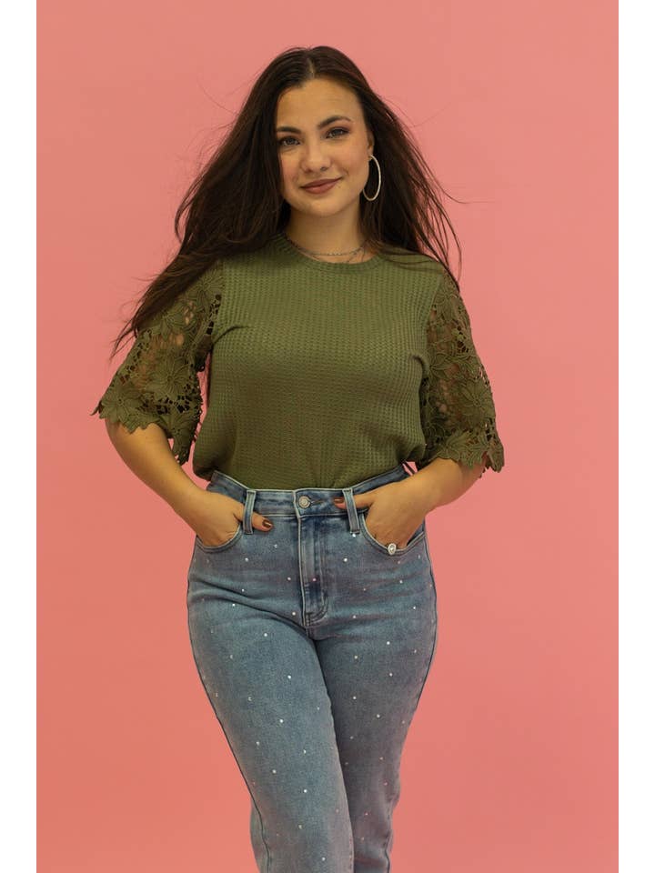 Garden Romance Waffle Knit Top in Olive for wholesale on Faire4