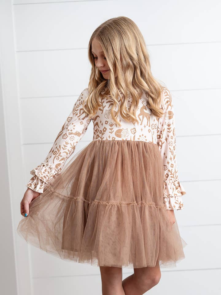 Kids Fall Winter Woodland Deer Tulle Ruffle Sleeve Dress for wholesale by Oopsie Daisy