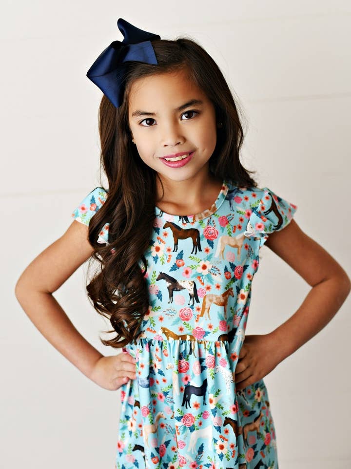 Adorable Sweetness - Wholesale Dress - Kids - Kids Blue Floral Western Horse Flutter Sleeve Spring Dress
