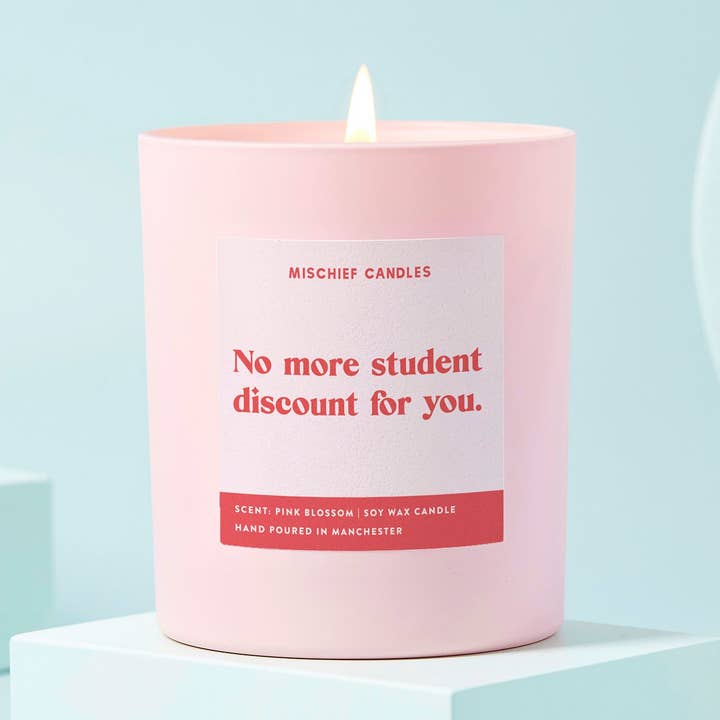 Graduation Gift Funny Candle No More Student Discount for wholesale by Mischief Candles