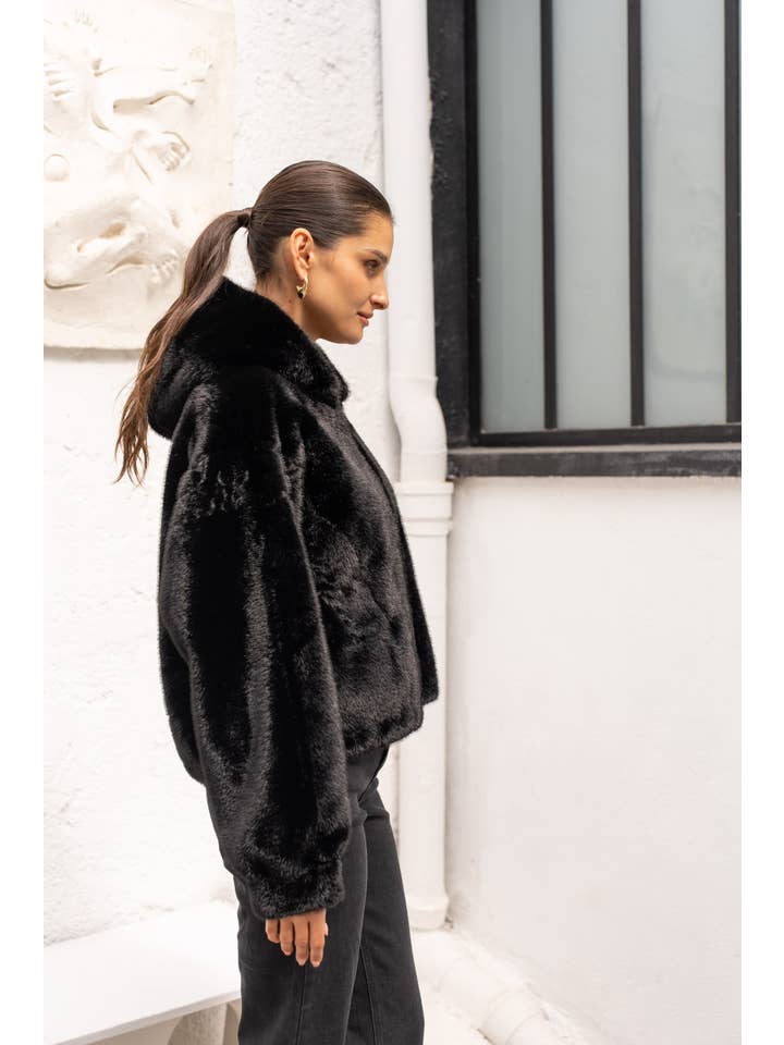 Attentif Paris - Wholesale Fur/Faux Fur Coat - Women's - Short coat with hood in faux fur with braided details9