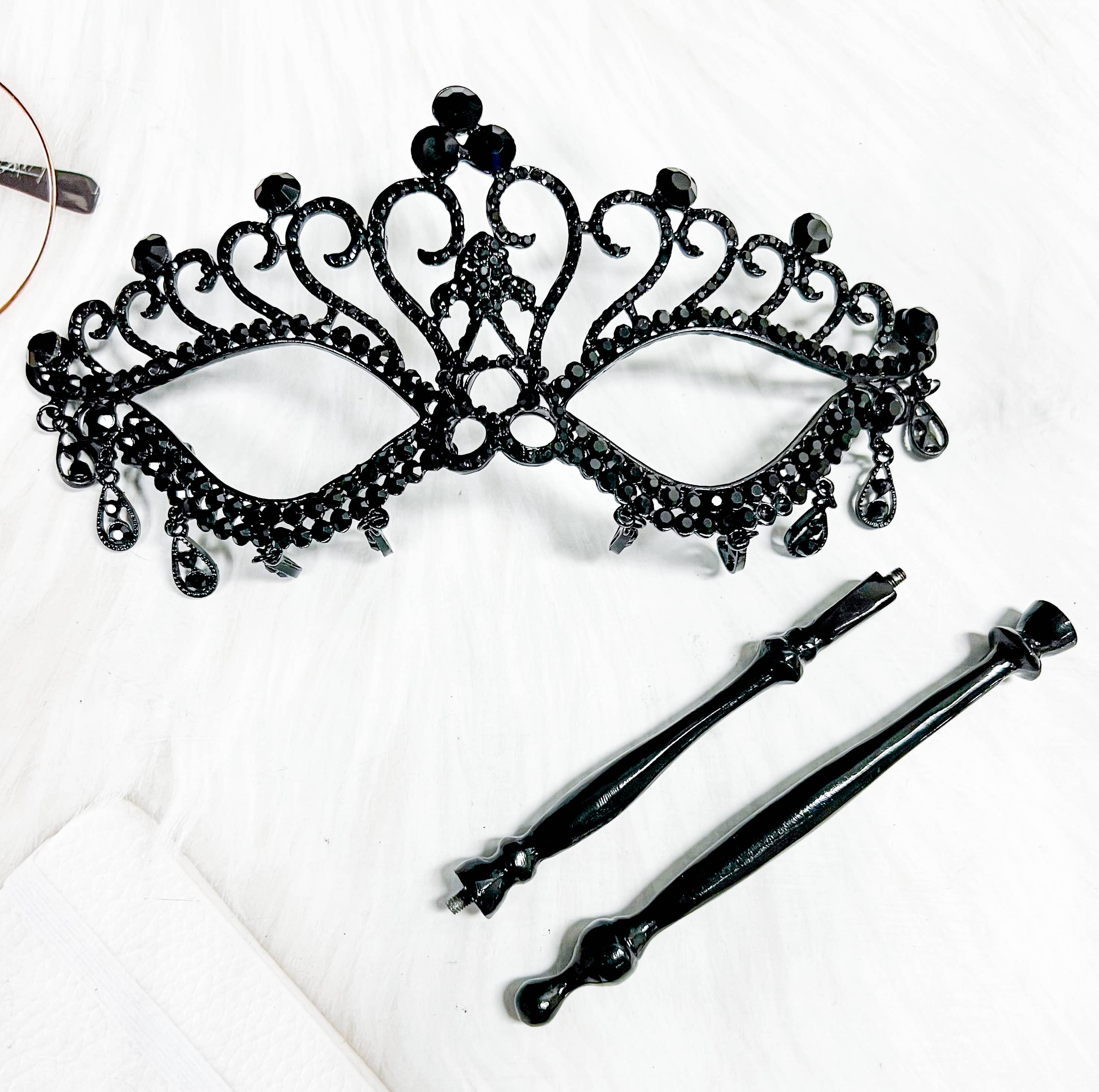 Happy Dream Gifts - Wholesale Costume - Men's - Black Masquerade Mask with Stick, Crystal Masquerade Mask2