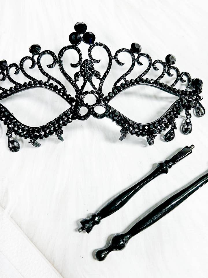 Happy Dream Gifts - Wholesale Costume - Men's - Black Masquerade Mask with Stick, Crystal Masquerade Mask2