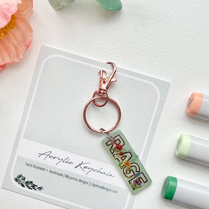 D. Prince Designs - Wholesale Keychain - Women's - Hand-Illustrated Rage with Rainbow Flowers | Handmade Acrylic + Resin Keychain1