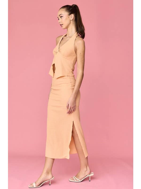 Peach PT17943 - Zoe Textured Knit Halter Top And Midi Skirt Set for wholesale on Faire