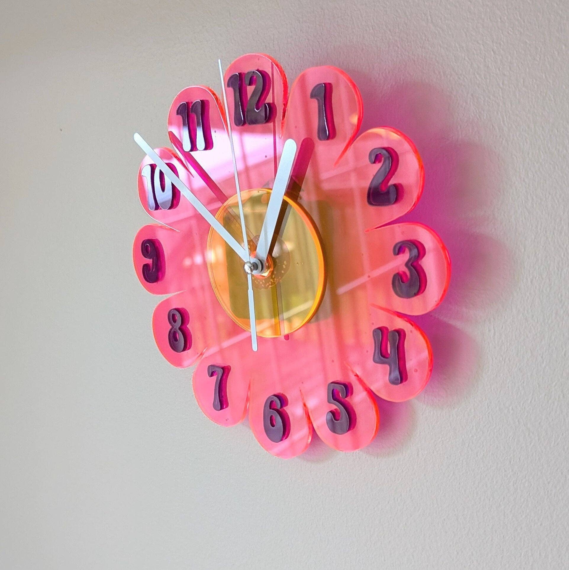 Shelfish Modern – wholesale Wall clock – Mini Blacklight UV Retro Vintage 1970s Inspired Daisy Wall Clock - Funky Wall Clock - Retro Clock- Mini Clock - Kitchen Clock Hot Pink Clock1
