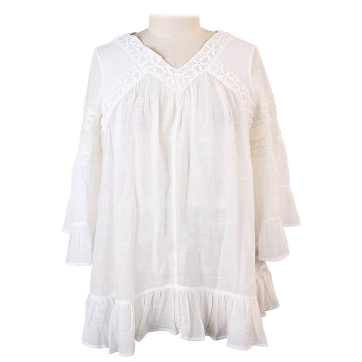 Tuniek met V-hals en gehaakte mouwen en 3/4 mouwen voor wholesale door Morning Sun