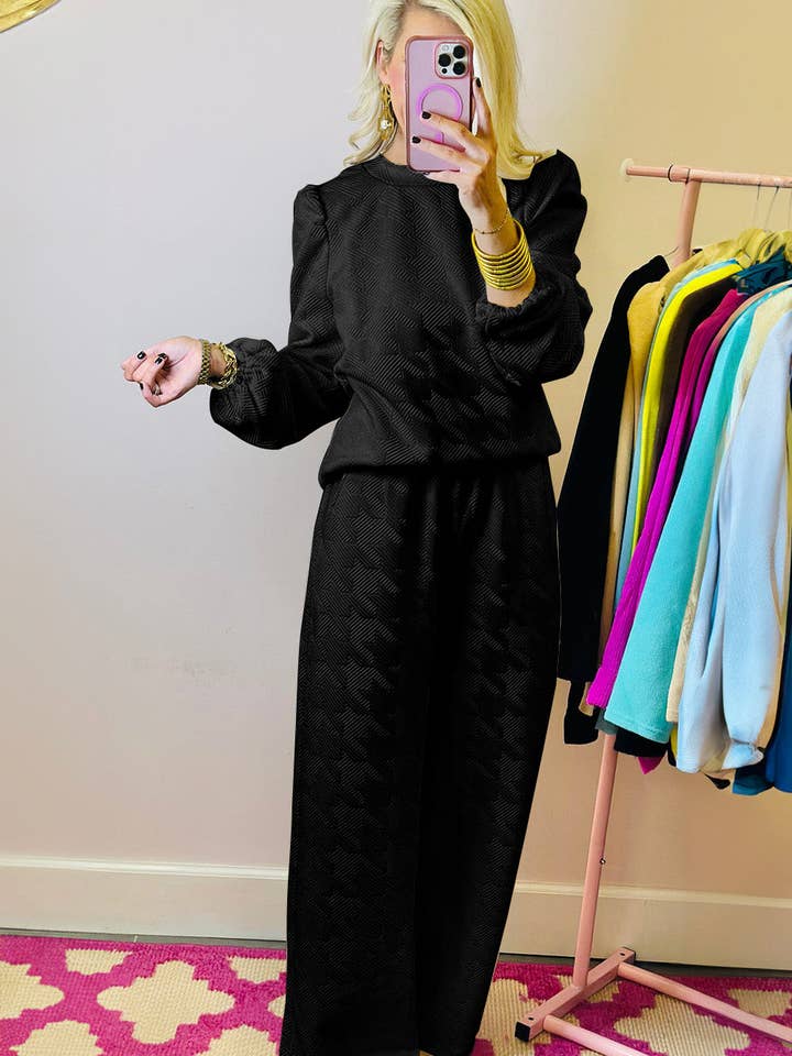 Lovesoft - Wholesale Top & Pant Set (NOT Loungewear) - Women's - Solid Color Textured Puff Sleeve Top and Pants Set